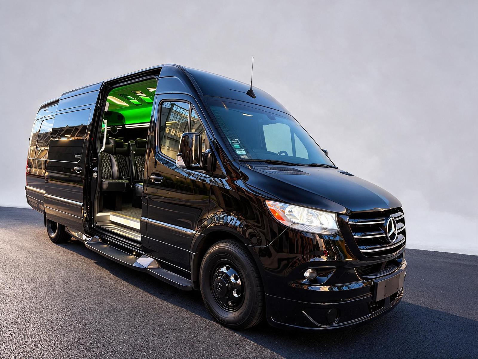 Black Mercedes-Benz Sprinter limo passenger van